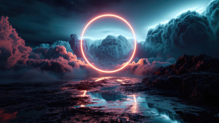 3d render, abstract cloud illuminated with neon light ring on dark night sky. Glowing geometric shape, round frameの素材