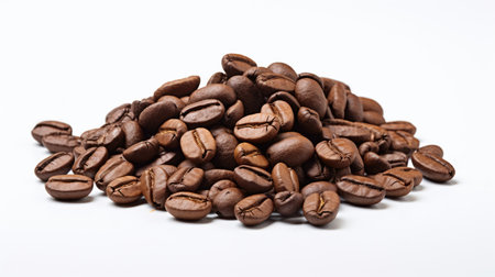 A pile of coffee beans on a white surfaceの素材
