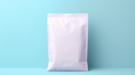 A mock-up of an empty white paper bag with a zipper, highlighted on a blue backgroundの素材