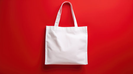Empty mock-up of a bag made of white fabric, red backgroundの素材