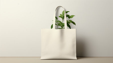 Layout for the design of a simple white canvas shopping bag with green plant leaves with space to copyの素材