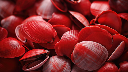 Close-up of a pile of red shells. Monochrome backgroundの素材