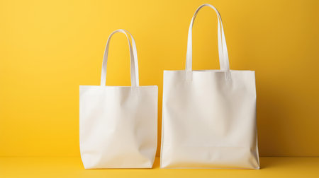 A mock-up of two white cloth bags with handles on a yellow backgroundの素材