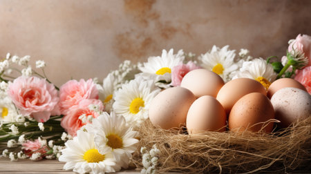 A group of eggs lying on top of a bouquet of flowers in a basket. Easter background in rustic styleの素材