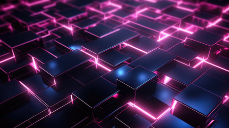 3d rendering, abstract black metal faceted background with modern geometric texture, pink glowing neon light, square tileの素材
