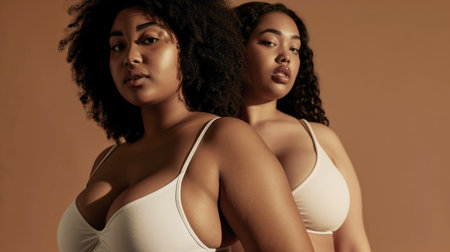 Body positive, a portrait of a woman in the studio in her underwear. The company of plus-size women in underwearの素材