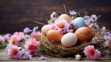 A group of eggs lying on top of a bouquet of flowers in a basket. Easter background in rustic styleの素材