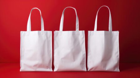 Mock-up of three white cloth bags with handles on a red backgroundの素材