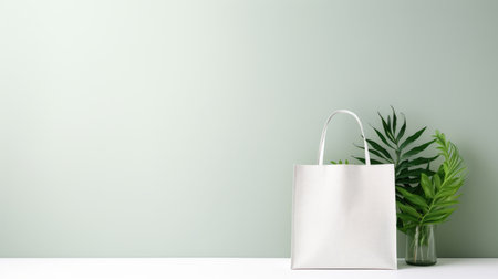 Layout for the design of a simple white canvas shopping bag with green plant leaves with space to copyの素材