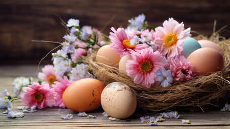 A group of eggs lying on top of a bouquet of flowers in a basket. Easter background in rustic styleの素材