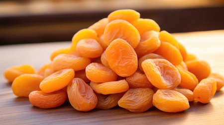 A pile of dried apricots lies on a wooden tableの素材