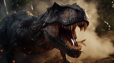 AT rex dinosaur rips through a prehistoric forestの素材