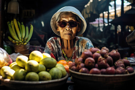 An old Asian woman sells fruits and vegetables at the marketの素材