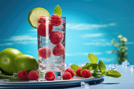 A glass of fresh raspberry mojito on the tableの素材
