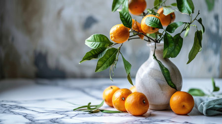Ripe tangerines on a branch lie in a plate on a white marble tableの素材
