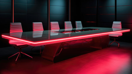 A conference table with red neon lighting in the officeの素材