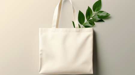 Layout for the design of a simple white canvas shopping bag with green plant leaves with space to copyの素材