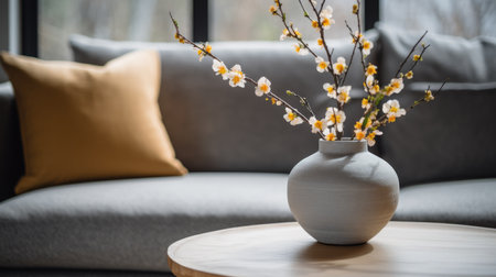 Close-up of a ceramic vase with flowers on a round coffee table against the background of a sofa and a windowの素材