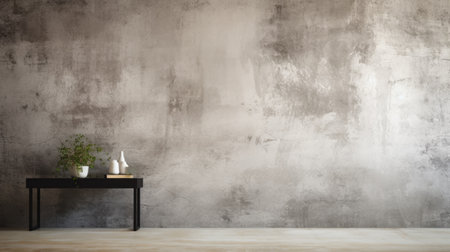 Wooden table on the background of a concrete wall, minimalist interiorの素材