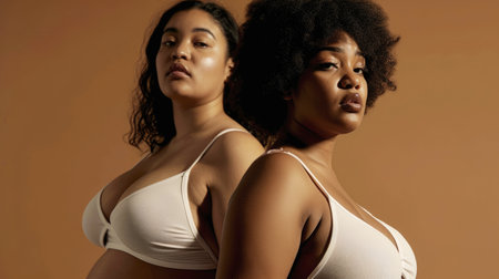 Body positive, a portrait of a woman in the studio in her underwear. The company of plus-size women in underwearの素材