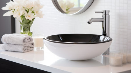Round ceramic white sink with chrome faucet in the bathroomの素材