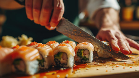 The hands of a chef who cuts sushi with a knifeの素材