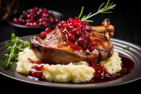Baked duck leg with mashed potatoes and cranberry sauce with rosemaryの素材