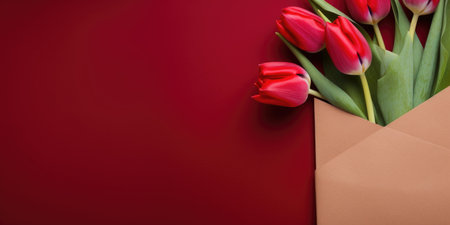 A burgundy banner with red tulips, a place for textの素材