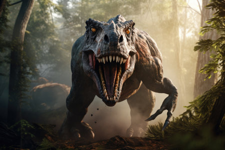 AT rex dinosaur rips through a prehistoric forestの素材