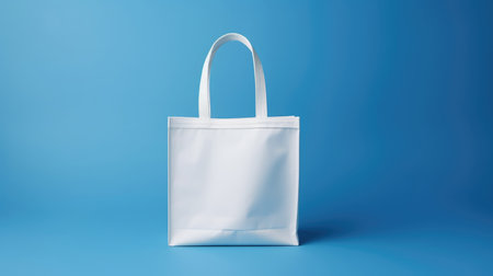 Empty mock-up of a bag made of white fabric, blue background, copy spaceの素材