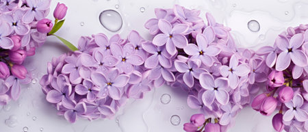 Banner with lilac branches on a glossy white tableの素材