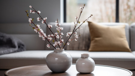 Close-up of a ceramic vase with flowers on a round coffee table against the background of a sofa and a windowの素材