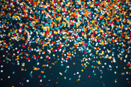 Blue background with scattered colored confettiの素材