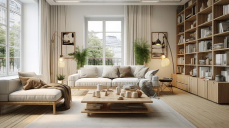 Scandinavian room with sofa and window, functional minimalist styleの素材