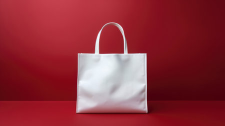 Empty mock-up of a bag made of white fabric, red backgroundの素材