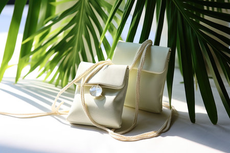A mock-up of a white fabric bag for jewelry and costume jewelry with costume jewelry on a background of paparazzi leaves, highlighted on a white backgroundの素材