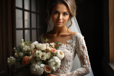 A woman bride in a wedding dress with a bouquet of flowersの素材