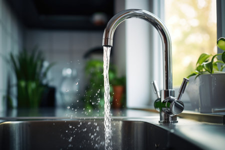Water is pouring from the tap in the kitchen in the bathroom problems of lack of clean waterの素材