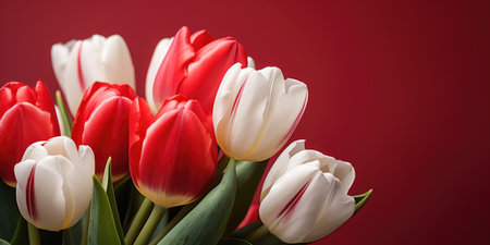 White and red tulips on a red background with space for textの素材