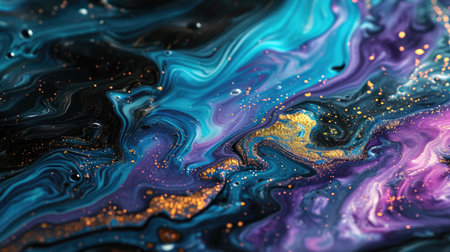 Abstract background blurring and mixing of blue, purple and pink paint with gold streaksの素材