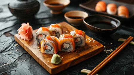Sushi and fried garlic shrimps, prawn on a stone plateの素材
