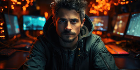 Portrait of cyberpunk system administrator programmer hacker personの素材