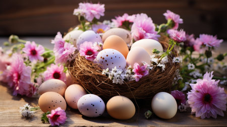 A group of eggs lying on top of a bouquet of flowers in a basket. Easter background in rustic styleの素材