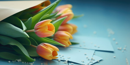 Pink tulips on a blue background with a place for textの素材