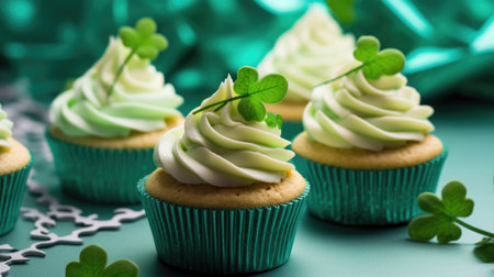 St. Patrick's Day cupcakes with white cream and a shamrock on top with a place for textの素材