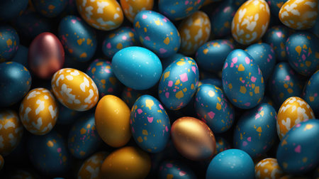 Colorful mother-of-pearl Easter eggs on a bokeh backgroundの素材