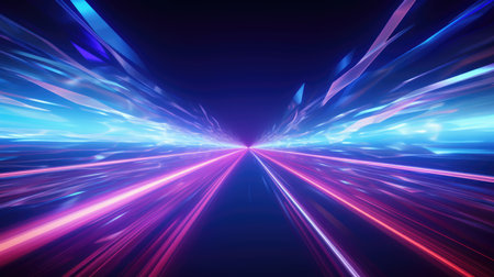 Image of speed motion on the road. Abstract background in blue and purple neon glowの素材