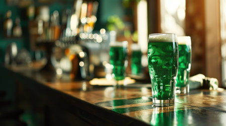 A group of glasses with green beer with a pub background on St. Patrick's Dayの素材