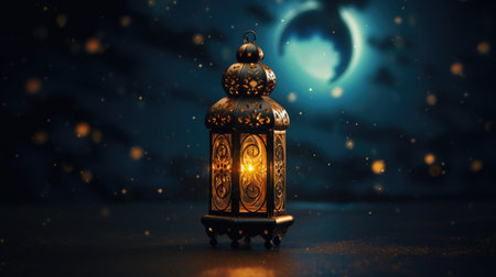 Vintage Ramadan lantern on night background with copy spaceの素材
