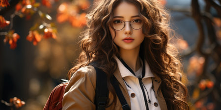 A student girl with a backpack and glasses goes to the park in autumn and laughsの素材
